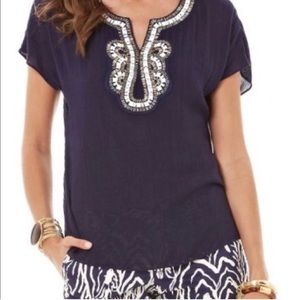 Lilly Pulitzer Valencia Navy Blouse EUC Sz XS Beaded Embellished